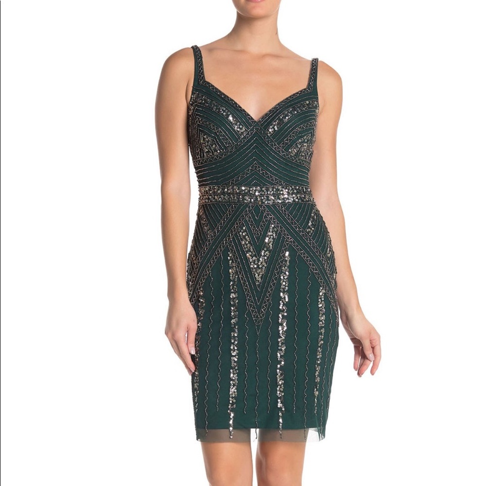 Marina V-neck Beaded Dress in Hunter Green